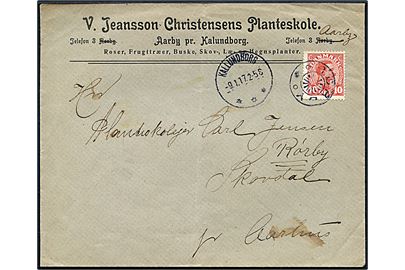 10 øre Chr. X på brev fra Aarby annulleret med stjernestempel RØRBY og sidestemplet Kallundborg d. 9.1.1917 til Skovdal pr. Aarhus.