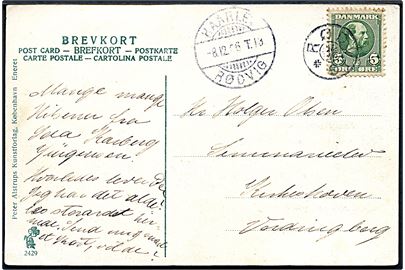 5 øre Chr. IX på brevkort (Gjorslev Bøgeskov) annulleret med stjernestempel RØDVIG og sidestemplet bureau Haarlev - Rødvig T.13 d. 8.12.1906 til Vordingborg.