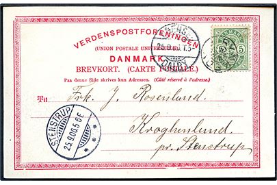 5 øre Våben på brevkort annulleret med stjernestempel RYNKEBY og sidestemplet bureau Odense - Dalby T.5 d. 25.9.1906 til Stenstrup.