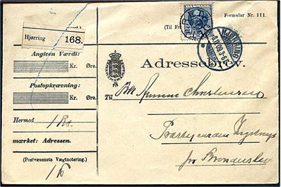 20 øre Fr. VIII single på adressebrev for pakke fra Uggerby annulleret med stjernestempel RETHOLT og sidestemplet Hjørring d. 6.11.1909 til Ingstrup pr. Brønderslev.