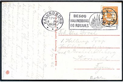 10 øre H. C. Andersen på brevkort annulleret med udslebet stjernestempel RAKLEV og sidestemplet Kalundborg d. 8.7.1936 til spejder i 1. Hellerup Trup, Jubilæumslejren ved Brahetrolleborg pr. Korinth.