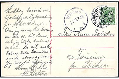 5 øre Chr. X på brevkort annulleret med stjernestempel VEJLEFJORD SANATORIUM og sidestemplet med svagt brotype IIIb Daugaard til Struer.