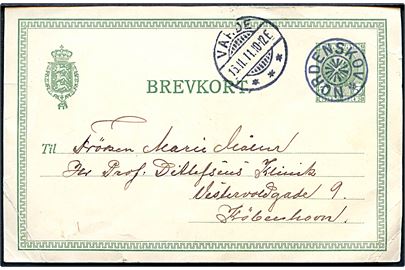 5 øre Fr. VIII helsagsbrevkort annulleret med stjernestempel NORDENSKOV og sidestemplet Varde d. 16.11.1911 til København.