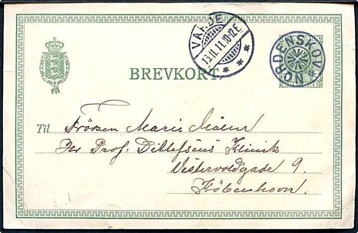 5 øre Fr. VIII helsagsbrevkort annulleret med stjernestempel NORDENSKOV og sidestemplet Varde d. 16.11.1911 til København.
