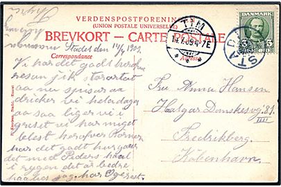 5 øre Fr. VIII på brevkort (Stadil kirke) annulleret med stjernestempel STADIL og sidestemplet Tim d. 14.7.1909 til København.