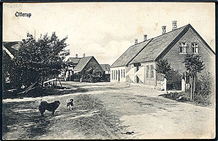 3 øre Bølgelinie på lokalt brevkort (Gadeparti fra Otterup) annulleret med stjernestempel SORTOBRO til Oure.