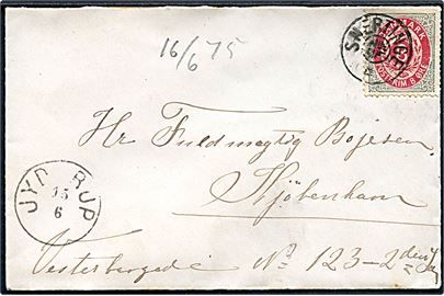 8 øre Tofarvet på brev annulleret med stjernestempel SNERTINGE og sidestemplet lapidar Jyderup d. 15.6.1875 til Kjøbenhavn.