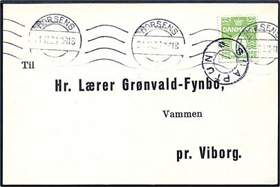 7 øre Bølgelinie på tryksags-kort annulleret med udslebet stjernestempel SNAPTUN og sidestemplet Horsens d. 21.11.1929 til Vammen pr. Viborg.