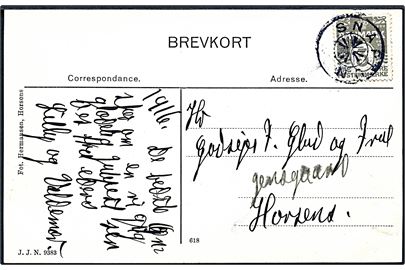 3 øre Bølgelinie på lokalt brevkort (Tønballegaard) fra 1916 annulleret med stjernestempel SNAPTUN til Horsens.