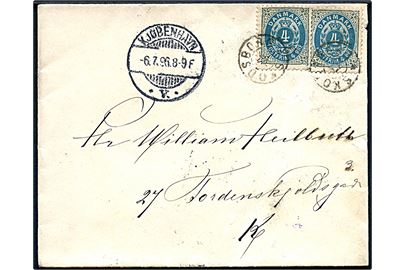 4 øre Tofarvet omv. rm. (2) på brev annulleret med stjernestempel SKODSBORG og sidestemplet Kjøbenhavn V d. 6.7.1896 til Kjøbenhavn.