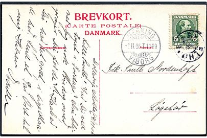 5 øre Chr. IX på brevkort dateret Dollerup Mølle annulleret med stjernestempel SKJELHØJE og sidestemplet bureau Herning - Viborg T.1149 d. 9.11.1906 til Løgstør.