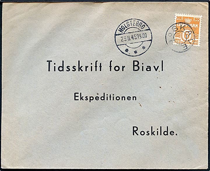 6 øre Bølgelinie på tryksag annulleret med udslebet stjernestempel SKAVE og sidestemplet Holstebro d. 23.8.1945 til Roskilde.