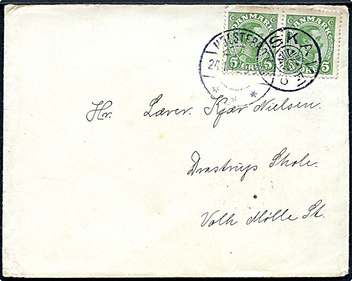 5 øre Chr. X i parstykke på brev annulleret med stjernestempel SKAVE og sidestemplet Holstebro d. 24.1.1916 til Volk Mølle St.