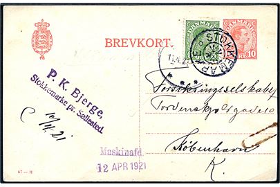 10 øre Chr. X helsagsbrevkort (fabr. 57-H) opfrankeret med 5 øre Chr. X annulleret med stjernestempel STOKKEMARKE og sidestemplet Søllested d. 11.4.1921 til København.