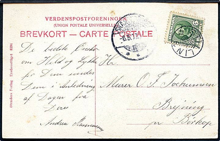 5 øre Fr. VIII på brevkort (Skanderborg, parti ved Slotskirken) annulleret med stjernestempel STILLING og sidestemplet Skanderborg d. 6.5.1907 til Brejning pr. Børkop.