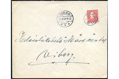 20 øre Chr. X på brev annulleret med udslebet stjernestempel SKARRILD og sidestemplet Kibæk d. 23.8.1947 til Viborg.