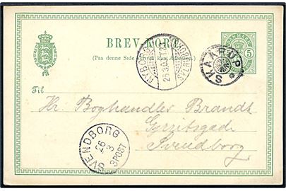 5 øre Våben helsagsbrevkort annulleret med stjernestempel SKAARUP og sidestemplet bureau Nyborg - Svendborg T.23 d. 26.3.1903 til Svendborg.