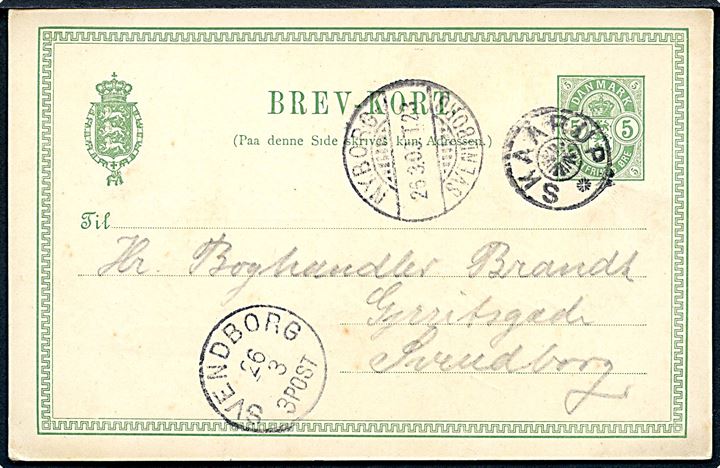 5 øre Våben helsagsbrevkort annulleret med stjernestempel SKAARUP og sidestemplet bureau Nyborg - Svendborg T.23 d. 26.3.1903 til Svendborg.
