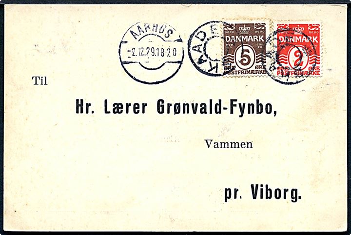 2 øre og 5 øre Bølgelinie på tryksagskort annulleret med udslebet stjernestempel SKAADE og sidestemplet Aarhus d. 2.12.1929 til Vammen pr. Viborg.