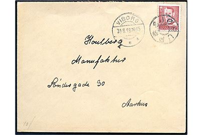 20 øre Fr. IX på brev annulleret med udslebet stjernestempel SJØRUP og sidestemplet Viborg d. 31.8.1948 til Aarhus.