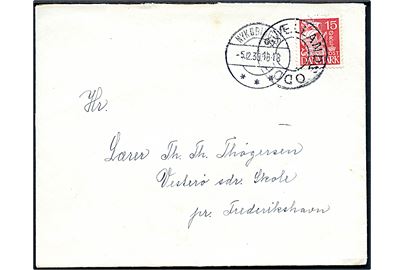15 øre Karavel på brev annulleret med udslebet stjernestempel SJÆLLANDS ODDE og sidestemplet Nykøbing S. d. 5.12.1939 til Vesterø (Læsø) pr. Frederikshavn.