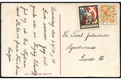 7 øre Chr. X og Julemærke 1919 på julekort annulleret med stjernestempel SINDING til Sunds.