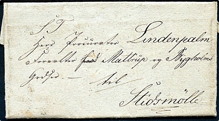 1828. Privatbefordret brev dateret Hvirring d. 24.5.1828 fra Thyge Jesper Westergaard til prokurator Lindenpalm, forvalter ved Mattrup og Bygholms godser til Stidsmølle. Fuldt indholdt.