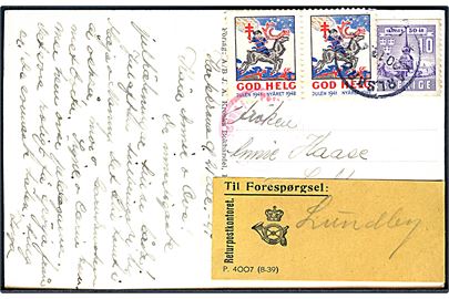 10 öre Skansen og Julemærke 1941 (2) på brevkort fra Karlskrona d. 20.12.1941 til Lundby, Danmark. Dansk censur og forespurgt via Returpostkontoret.