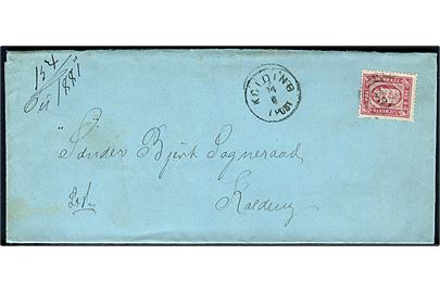 8 øre Tjenestemærke på brev annulleret med nr.stempel 36 og sidestemplet lapidar Kolding d. 14.6.1881 til Sønder Bjert Sogneraad pr. Kolding.