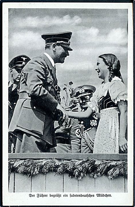 Sudetenland. 3 kc. overtrykt Wir sind Frei! på uadresseret brevkort (Hitler hilser på sudetertysk pige) stemplet Ein Volk, Ein Führer * Postamt Buschullersdorf * .
