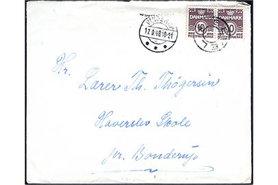 10 øre Bølgelinie i parstykke på brev annulleret med udslebet stjernestempel SEVEL (type II) og sidestemplet Vinderup d. 17.9.1948 til Haverslev skole pr. Bonderup.