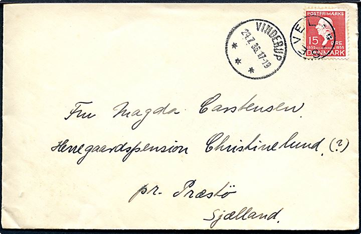 15 øre H. C. Andersen på brev annulleret med udslebet stjernestempel SEVEL (type I) og sidestemplet Vinderup d. 24.7.1936 til Præstø.