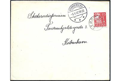 15 øre Karavel på brev annulleret med udslebet stjernestempel SERRITSLEV og sidestemplet Brønderslev d. 8.4.1940 til København.