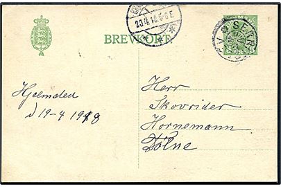 5 øre Chr. X helsagsbrevkort annulleret med stjernestempel SERRITSLEV og sidestemplet Brønderslev d. 20.4.1918 til Tolne.