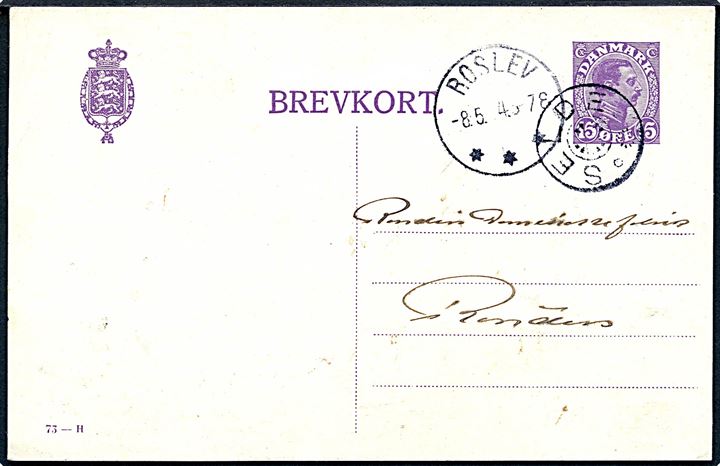 15 øre Chr. X helsagsbrevkort (fabr. 73-H) annulleret med stjernestempel SELDE og sidestemplet Roslev d. 8.5.1924 til Randers.