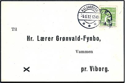 7 øre Bølgelinie på tryksagskort annulleret med udslebet stjernestempel SEJERØ og sidestemplet Kalundborg d. 5.11.1932 til Vammen pr. Viborg. Skilling 1200,-