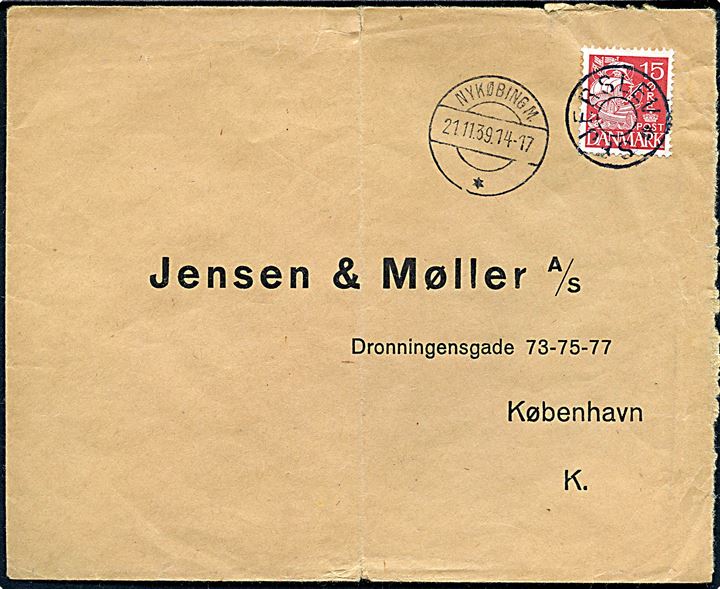 15 øre Karavel på brev annulleret med udslebet stjernestempel SEJERSLEV og sidestemplet Nykøbing M. d. 21.11.1939 til København.