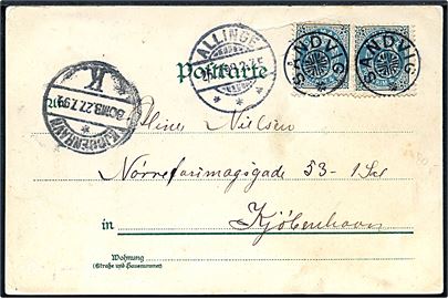 4 øre Tofarvet (2) på brevkort (Gruss vom Salon-Schnelldampfer SEQUENS annulleret med stjernestempel SANDVIG og sidestemplet Allinge d. 27.7.1899 til Kjøbenhavn.