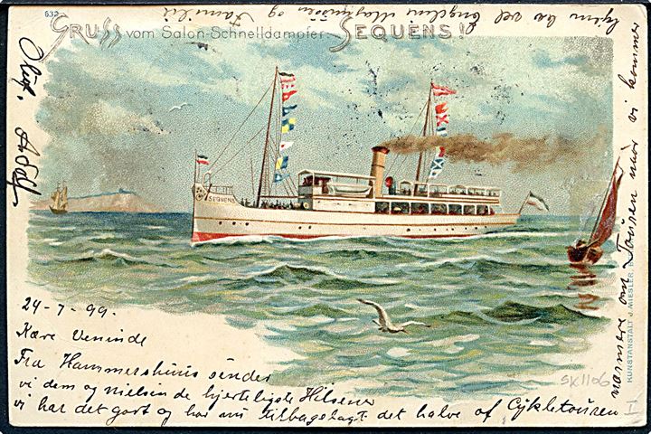 4 øre Tofarvet (2) på brevkort (Gruss vom Salon-Schnelldampfer SEQUENS annulleret med stjernestempel SANDVIG og sidestemplet Allinge d. 27.7.1899 til Kjøbenhavn.