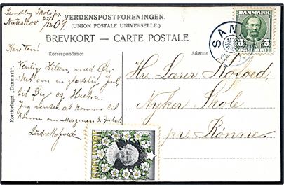 5 øre Fr. VIII på brevkort dateret d. 22.12.1909 annulleret med stjernestempel SANDBY til Nyker skole pr. Rønne.