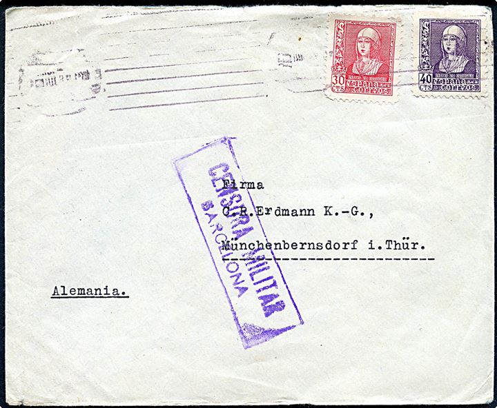 30 cts. og 40 cts. Isabel på fortrykt kuvert fra Deutsche Handelskammer für Spanien i Barcelona d. x.7.1939 til Münchenbernsdorf, Tyskland. Lokal spansk censur fra Barcelona.
