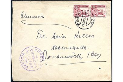 25 cts. Isabel i parstykke på brev fra Bilbao d. 20.12.1937 til Donauwörth, Tyskland. Lokal spansk censur fra Vizcaya.