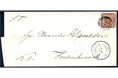 4 sk. 1858 udg. på brev annulleret med nr.stempel 18 og sidestemplet antiqua Frederiksborg d. 21.4.1861 via Lyngby og Helsingør til Frederiksværk. 