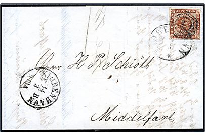4 sk. 1858 udg. på brev annulleret med nr.stempel 1 og sidestemplet Kiøbenhavn d. 14.3.1861 til Middelfart.