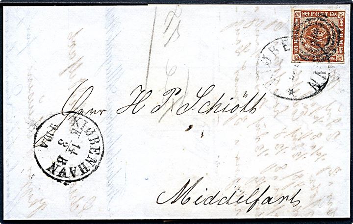 4 sk. 1858 udg. på brev annulleret med nr.stempel 1 og sidestemplet Kiøbenhavn d. 14.3.1861 til Middelfart.