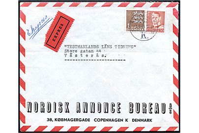 30 øre Fr. IX og 1 kr. Rigsvåben på luftpost ekspresbrev fra København d. 9.5.1961 til Västerås, Sverige.