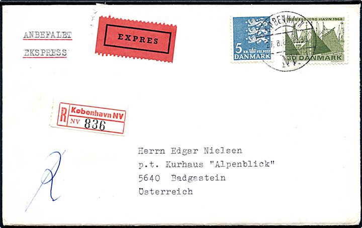 30 øre Esbjerg Havn og 5 kr. Rigsvåben på anbefalet ekspresbrev fra København d. 27.8.1969 til Badgastein, Østrig.
