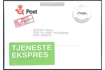 Ufrankeret postsagskuvert sendt anbefalet med grøn Tjenesteekspres mærkat K31 (11-87) fra Jetpostcentralen Odense stemplet Fyns Postcenter d. 23.7.1990 til Jetpost Århus, Midtjyllands Postcenter i Risskov.
