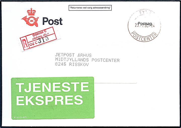 Ufrankeret postsagskuvert sendt anbefalet med grøn Tjenesteekspres mærkat K31 (11-87) fra Jetpostcentralen Odense stemplet Fyns Postcenter d. 23.7.1990 til Jetpost Århus, Midtjyllands Postcenter i Risskov.