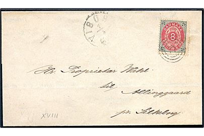 8 øre Tofarvet 18. tryk på brev annulleret med nr.stempel 77 og sidestemplet lapidar Viborg d. 1.5.1880 til Silkeborg.